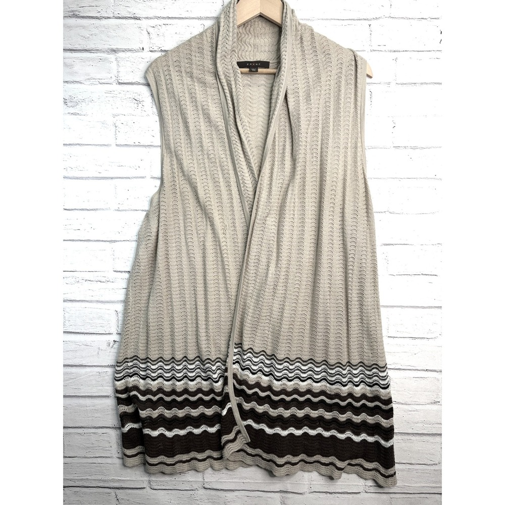Fever Womens XL Open Front Pointelle Knit Vest Cardigan Tan Brown Chevron Stripe